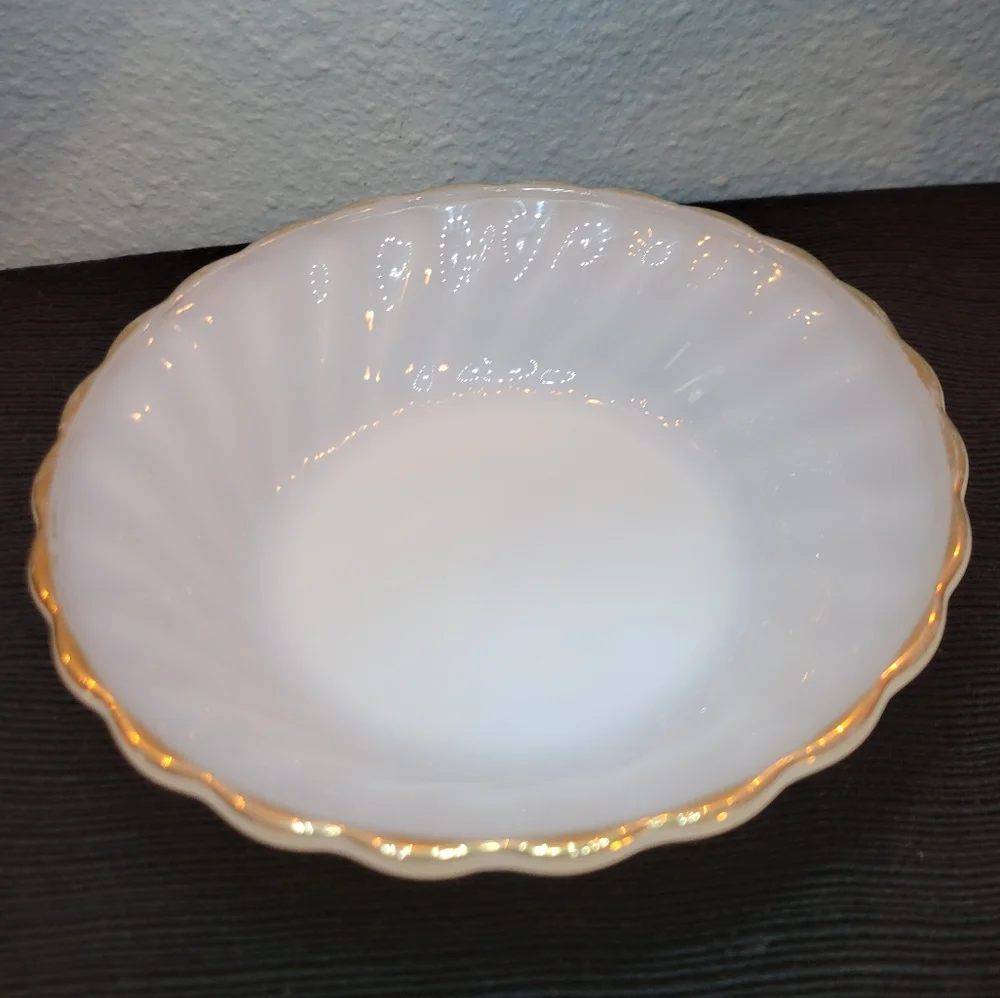 Vtg Dessert Fruit Sauce Dish Bowl Oven Proof Gold Trimmed White Glass